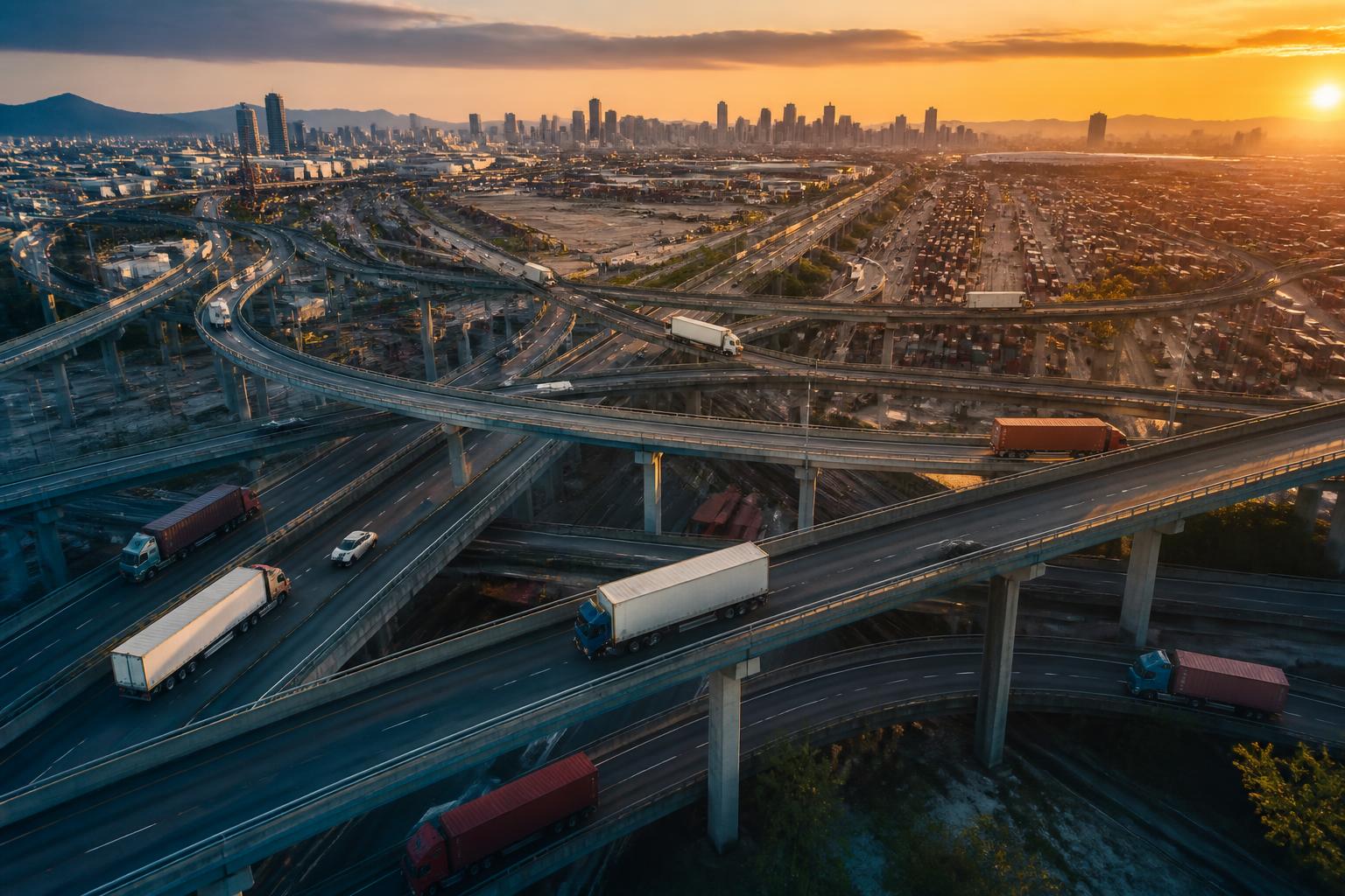 Modern highway interchange with freight transportation at golden hour